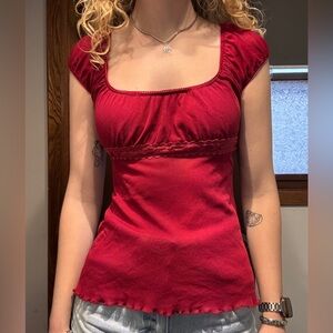 Vintage red babydoll top with lace detailing, fits XS/S